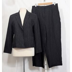 Vintage 90s Pants Suit Jacket Black White Pinstripe Linen 14 Petite Misses 16